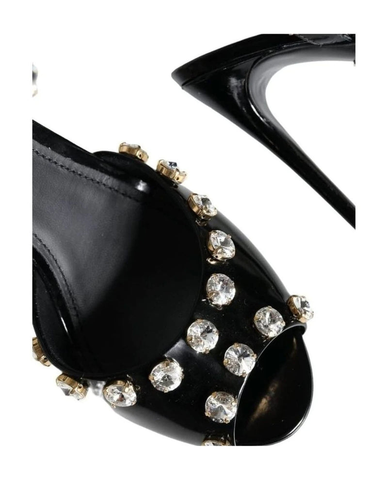 Dolce & Gabbana Black Leather Crystal Ankle Strap Sandals Shoes Heels