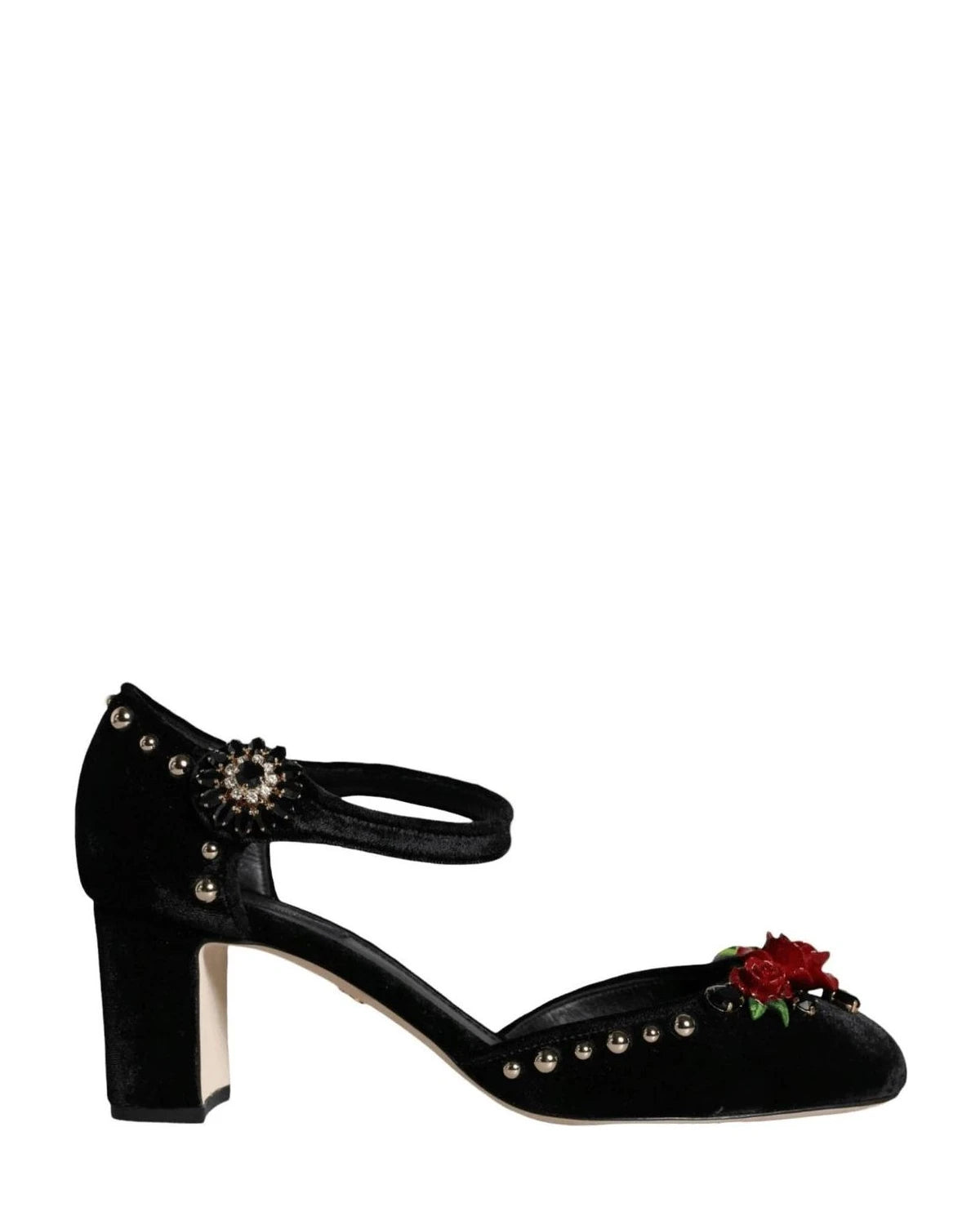 Dolce & Gabbana Black Velvet Roses Ankle Strap Pumps Shoes Heels