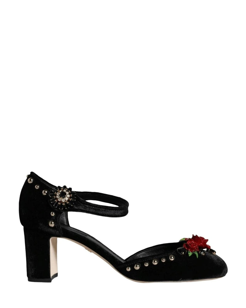 Dolce & Gabbana Black Velvet Roses Ankle Strap Pumps Shoes Heels