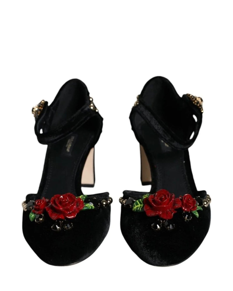 Dolce & Gabbana Black Velvet Roses Ankle Strap Pumps Shoes Heels