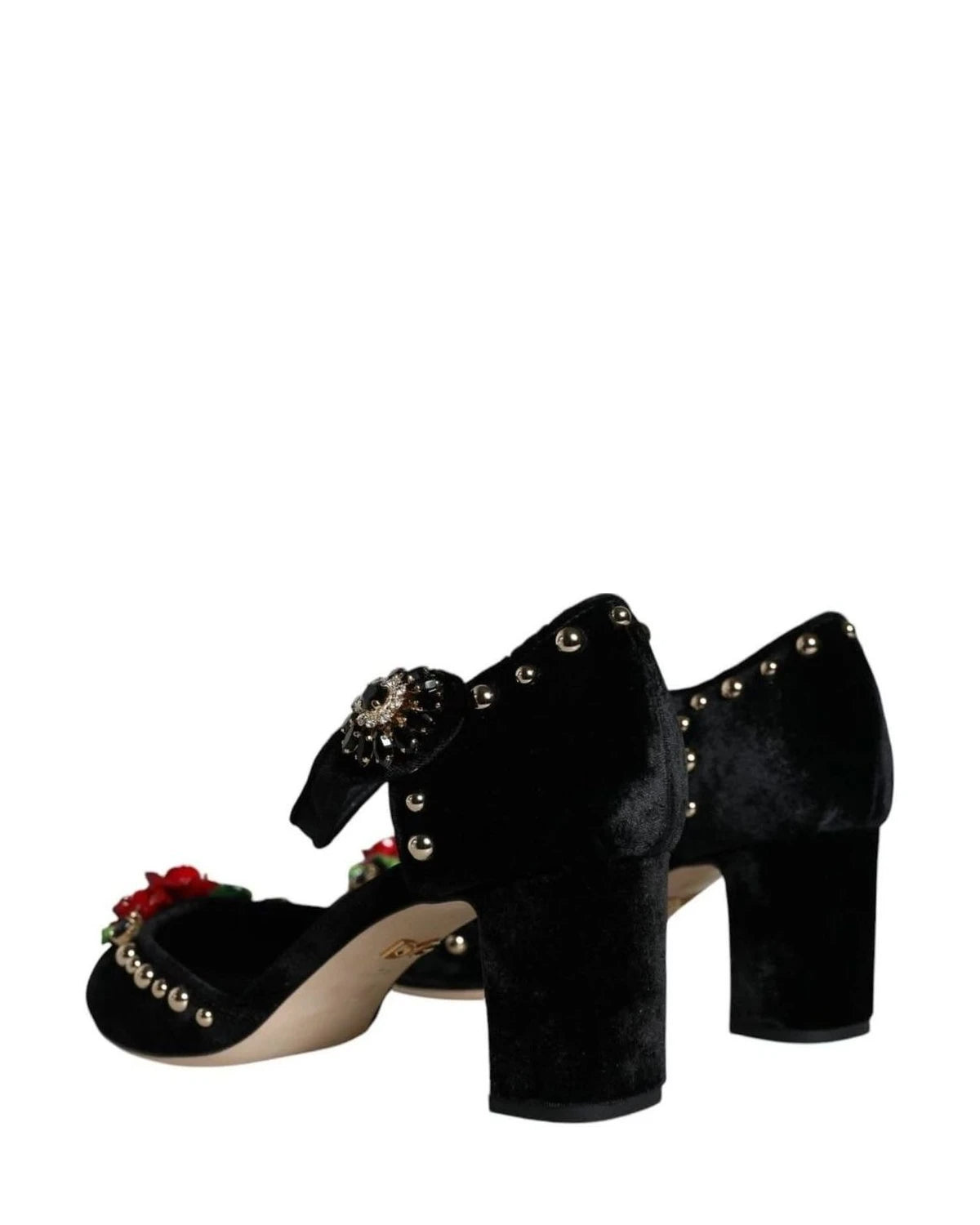 Dolce & Gabbana Black Velvet Roses Ankle Strap Pumps Shoes Heels