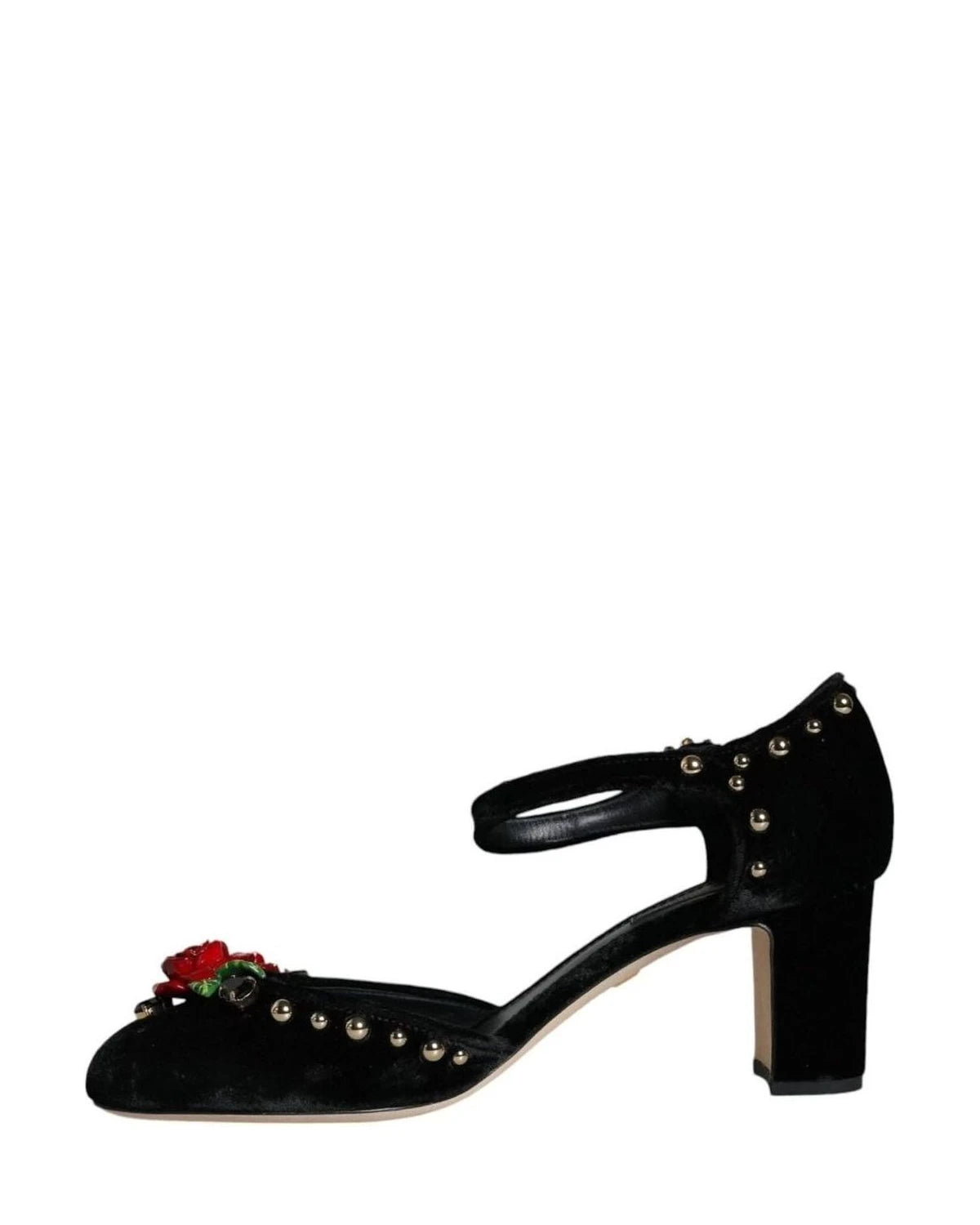 Dolce & Gabbana Black Velvet Roses Ankle Strap Pumps Shoes Heels