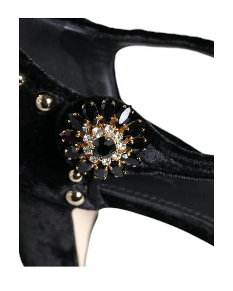 Dolce & Gabbana Black Velvet Roses Ankle Strap Pumps Shoes Heels