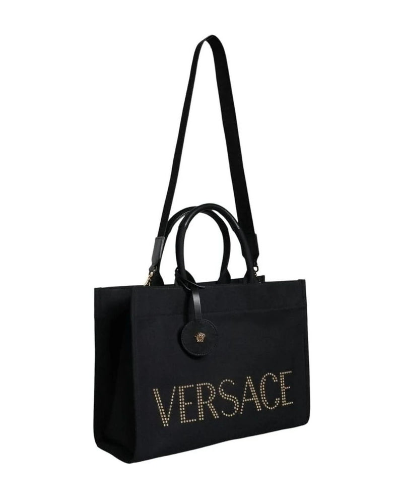 Versace Top Black Handle Canvas Leather Logo Crossbody Tote Bag Cross Body Bags