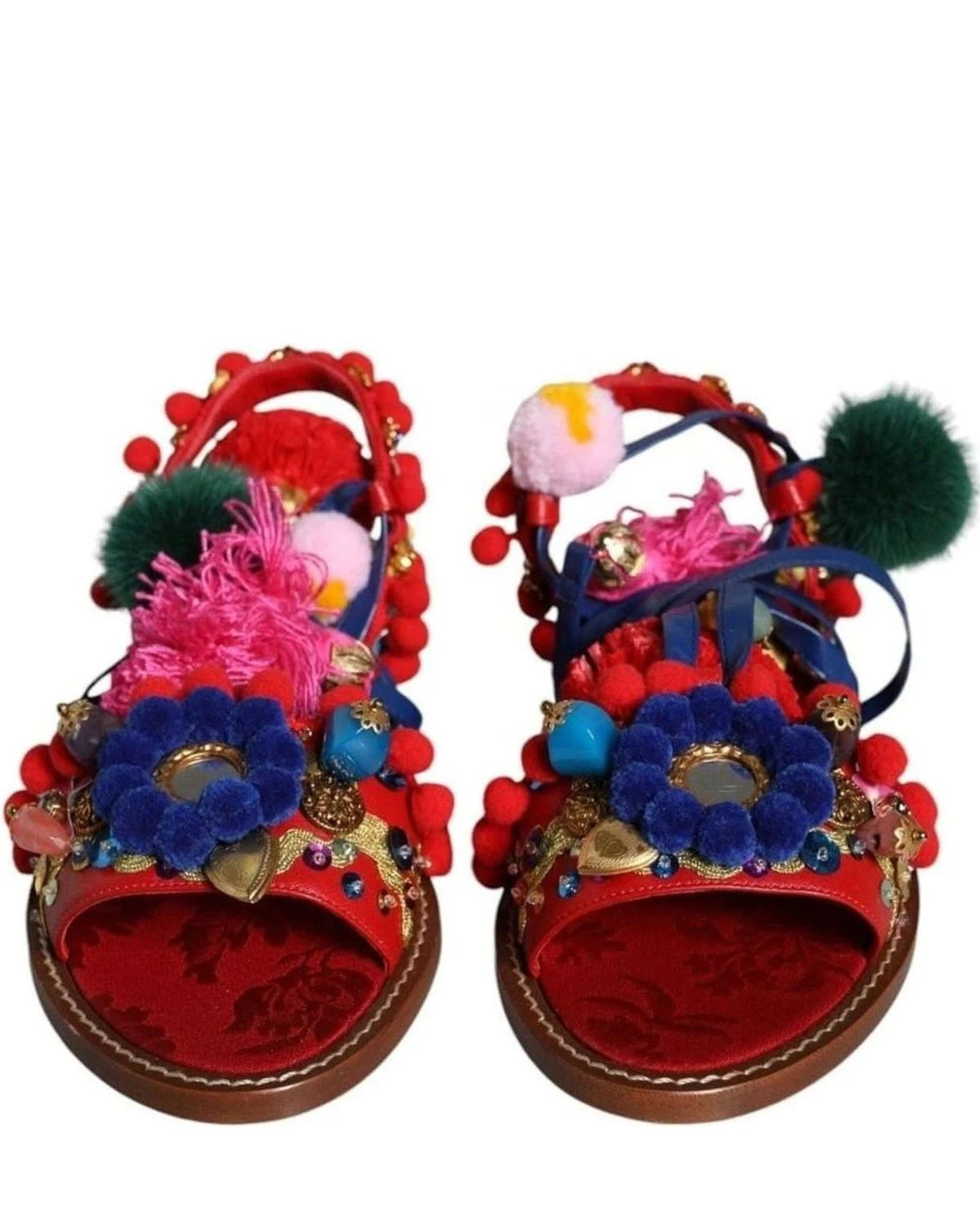 Dolce & Gabbana Multicolor Pom Pom Fur Wrap Sandals Shoes Sandals