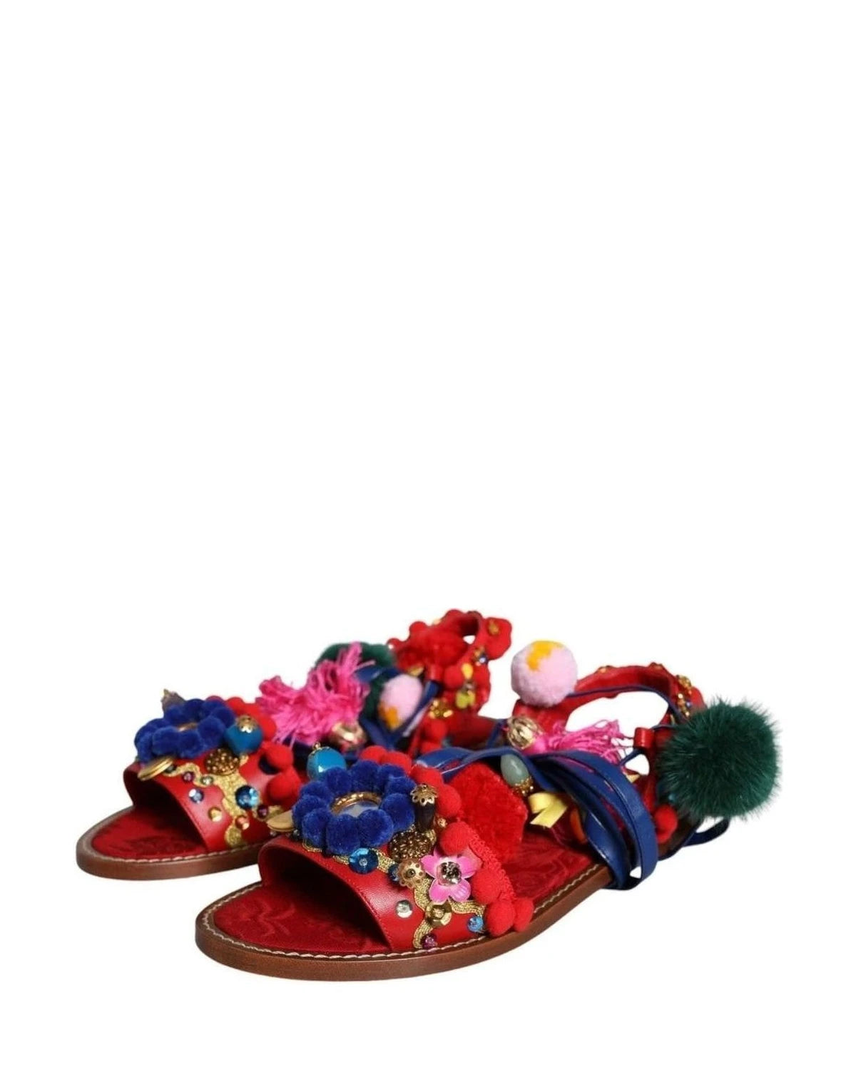 Dolce & Gabbana Multicolor Pom Pom Fur Wrap Sandals Shoes Sandals