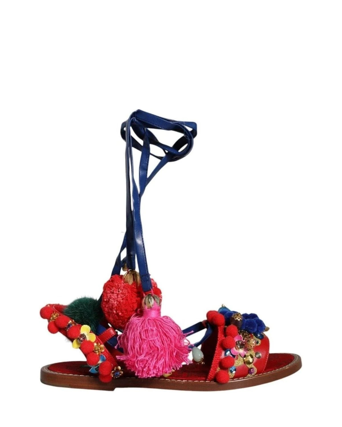 Dolce & Gabbana Multicolor Pom Pom Fur Wrap Sandals Shoes Sandals