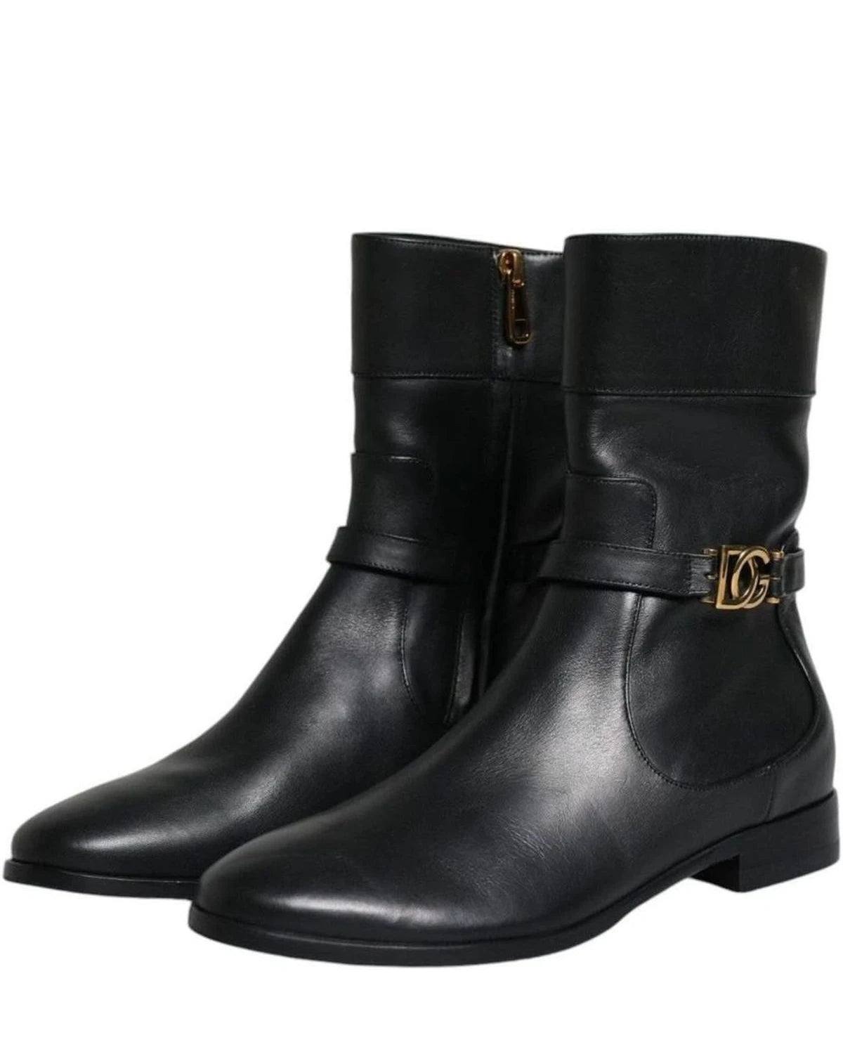 Dolce & Gabbana Black Leather Logo Mid Calf Boots Shoes Boots