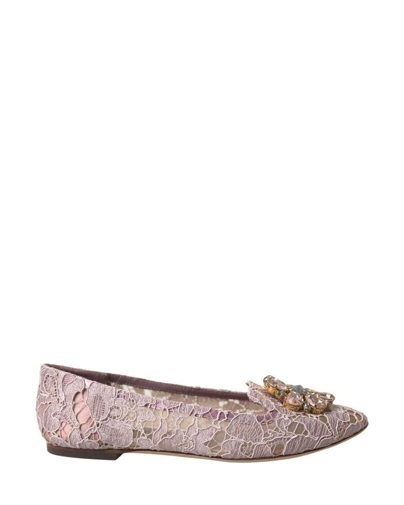 Dolce & Gabbana Pink Lace Crystal Ballet Flats Loafers Shoes Flats