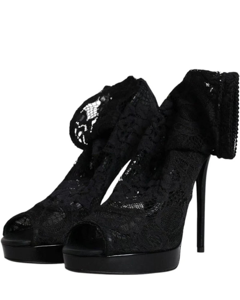 Dolce & Gabbana Black Stretch Taormina Lace Boots Shoes Boots