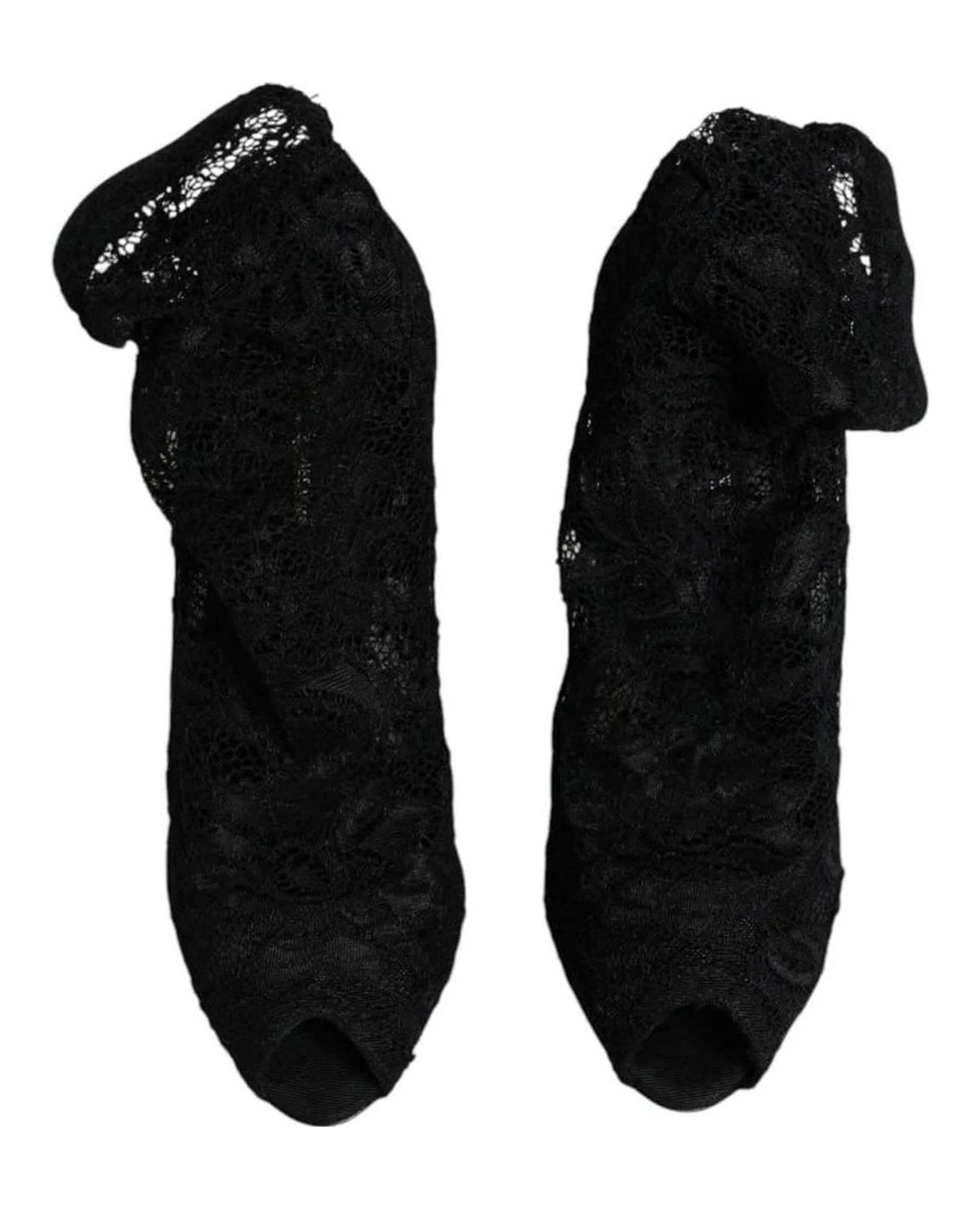 Dolce & Gabbana Black Lace Stretch Heels Mid Calf Boots Shoes Boots