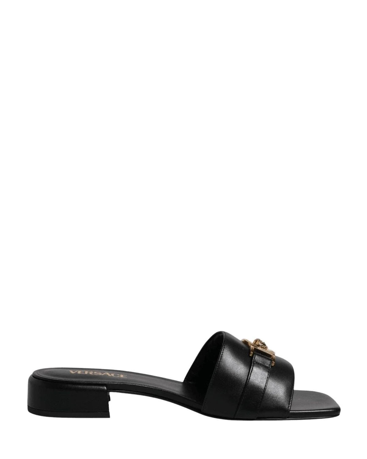 Versace Leather Black Logo Plaque Slip On Slides Flats Shoes Heels