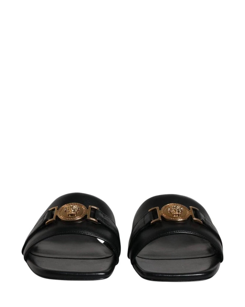 Versace Leather Black Logo Plaque Slip On Slides Flats Shoes Heels