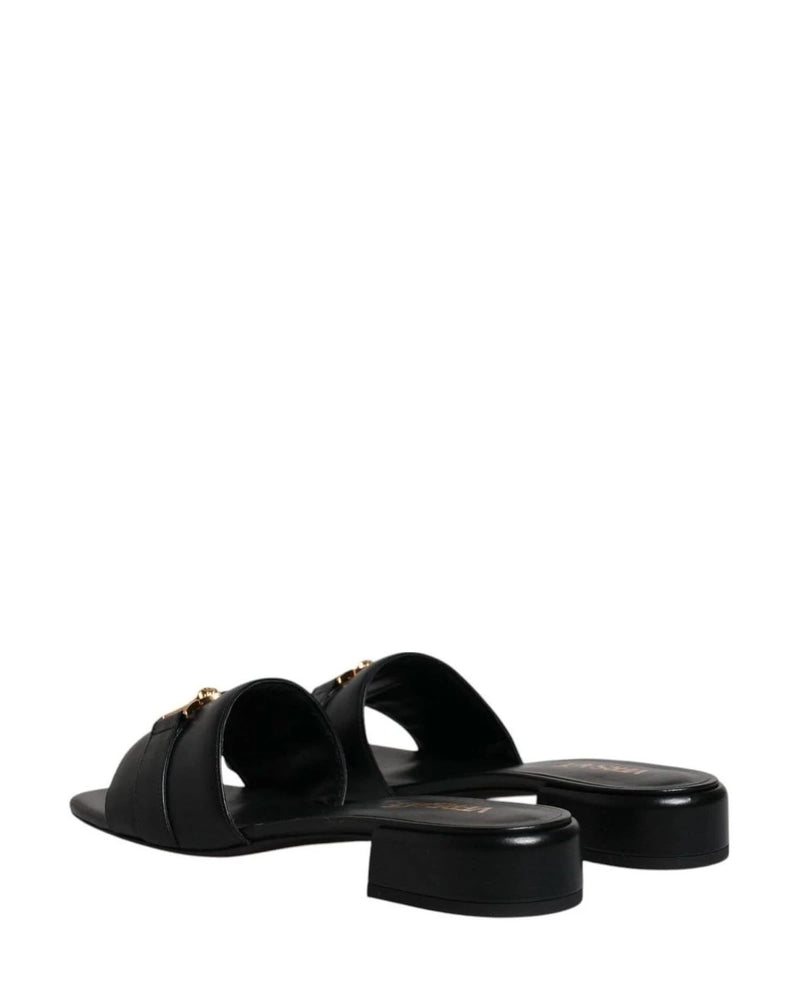 Versace Leather Black Logo Plaque Slip On Slides Flats Shoes Heels