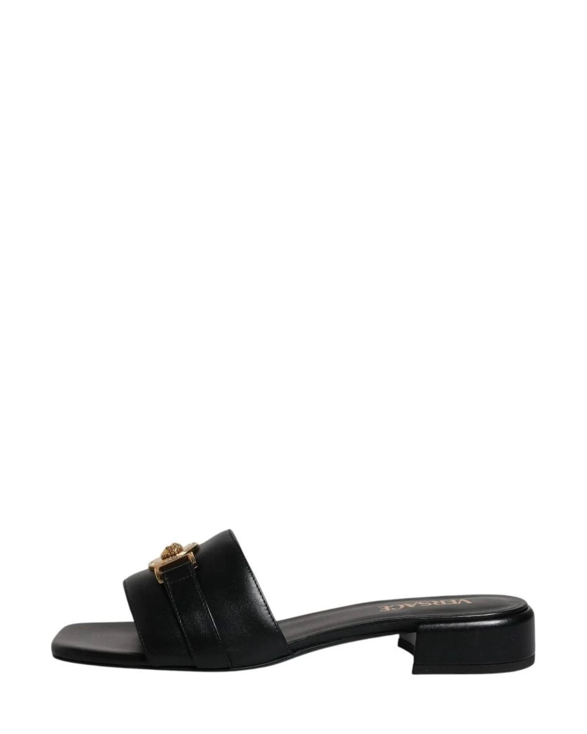 Versace Leather Black Logo Plaque Slip On Slides Flats Shoes Heels