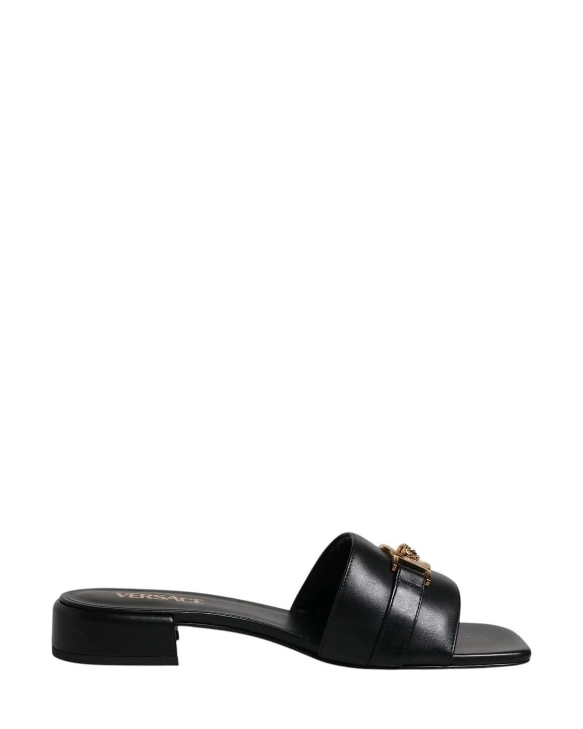 Versace Leather Black Logo Plaque Slip On Slides Flats Shoes Heels