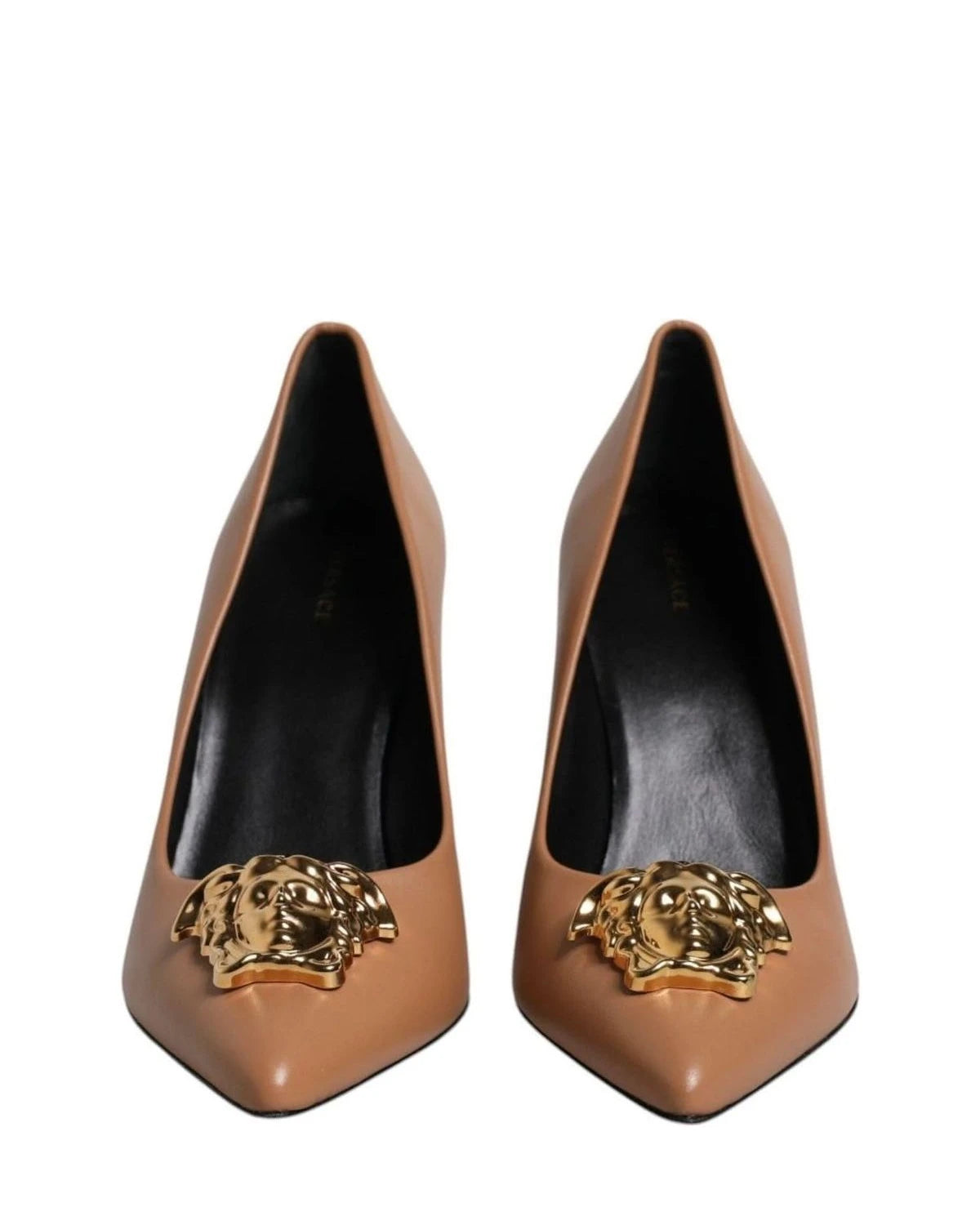 Versace Leather Brown Logo Plaque High Heels Pumps Shoes Heels
