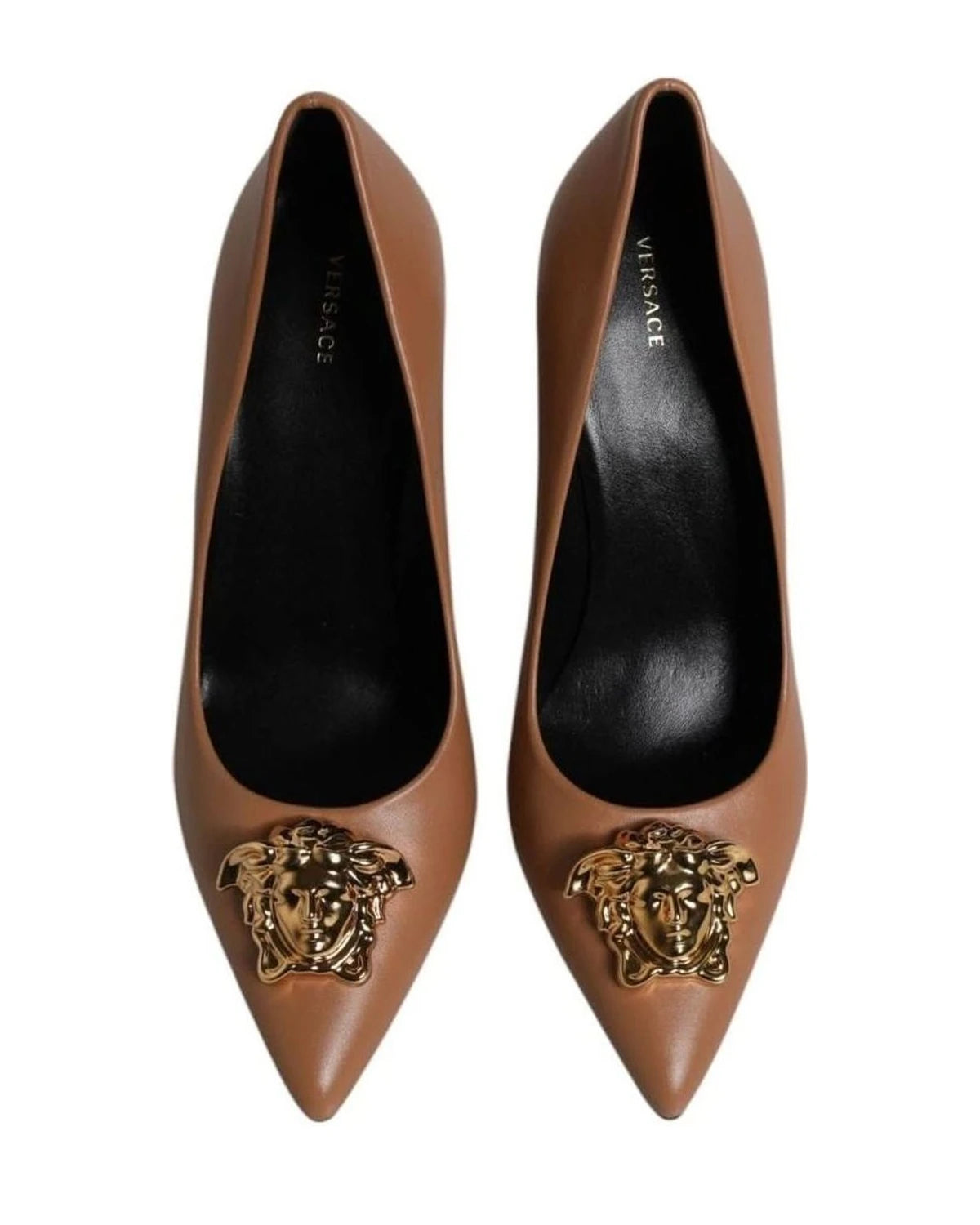 Versace Leather Brown Logo Plaque High Heels Pumps Shoes Heels