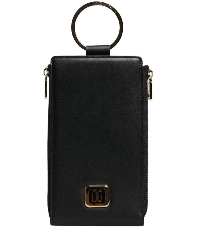 Dolce & Gabbana Black Leather Logo Plaque Neck Strap Card Coin Wallet Wallets