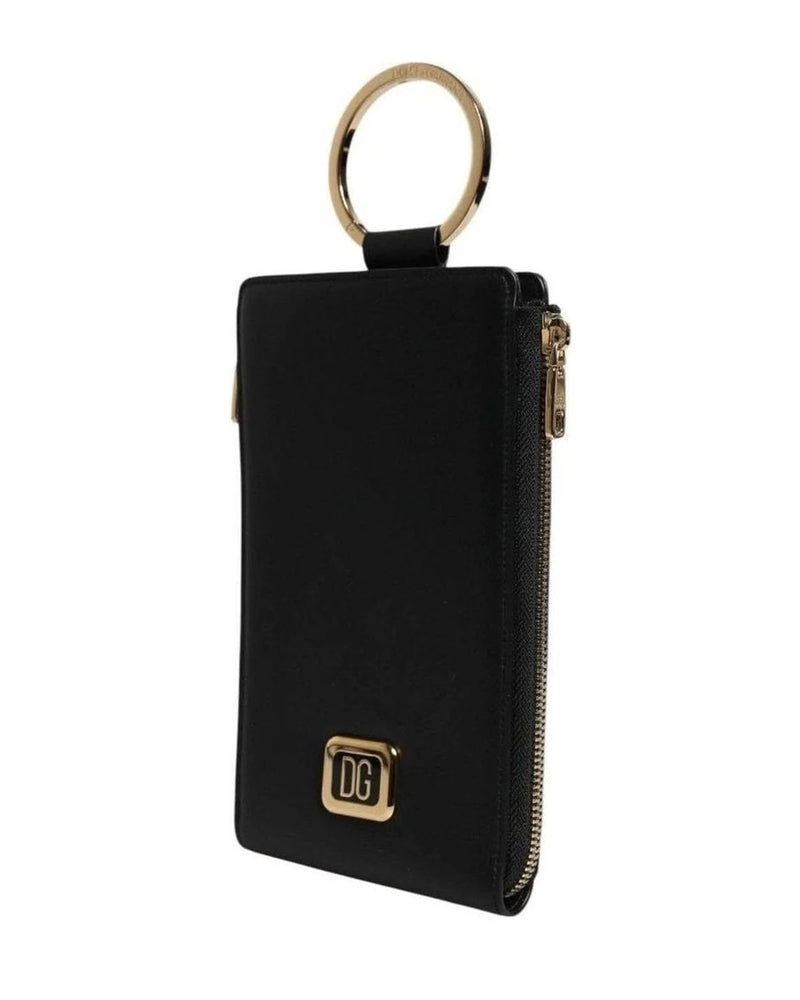 Dolce & Gabbana Black Leather Logo Plaque Neck Strap Card Coin Wallet Wallets