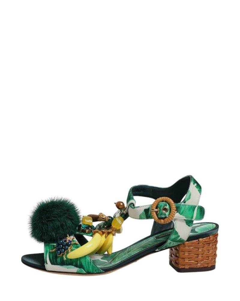 Dolce & Gabbana Crystal Fur Embellished Sandals Green Shoes Heels