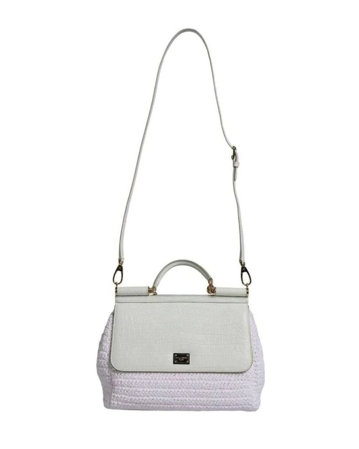 Dolce & Gabbana White Leather Rafia Top Handle Crossbody Bag Cross Body Bags