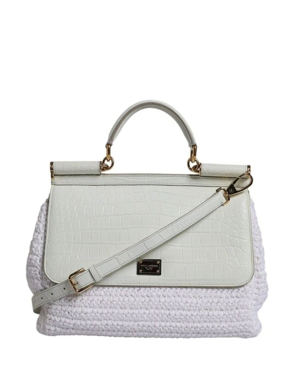 Dolce & Gabbana White Leather Rafia Top Handle Crossbody Bag Cross Body Bags
