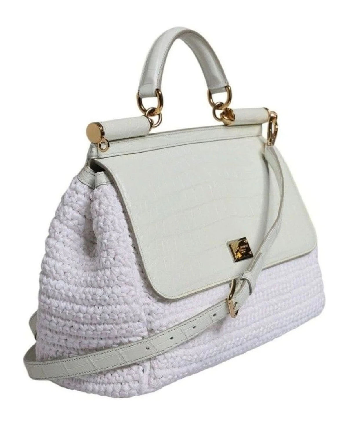 Dolce & Gabbana White Leather Rafia Top Handle Crossbody Bag Cross Body Bags