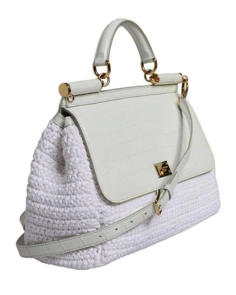 Dolce & Gabbana White Leather Rafia Top Handle Crossbody Bag Cross Body Bags