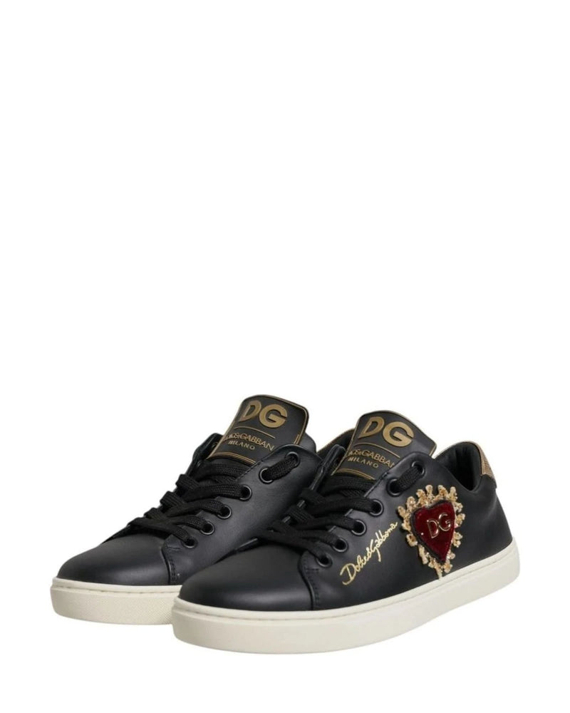 Dolce & Gabbana Black Leather Heart Sneakers Shoes Sneakers