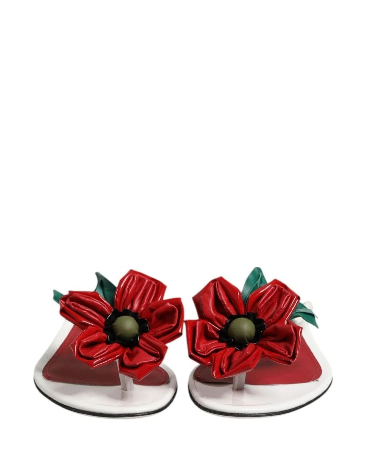 Dolce & Gabbana White Leather Red Keira Flower Sandals Shoes Sandals