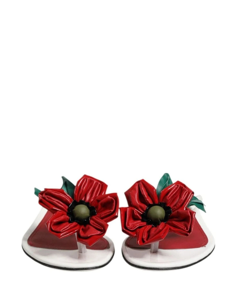 Dolce & Gabbana White Leather Red Keira Flower Sandals Shoes Sandals