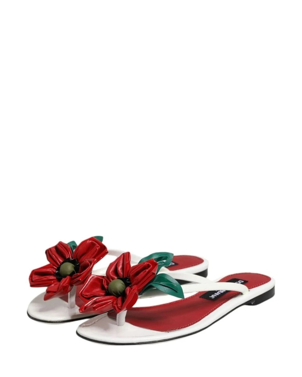 Dolce & Gabbana White Leather Red Keira Flower Sandals Shoes Sandals