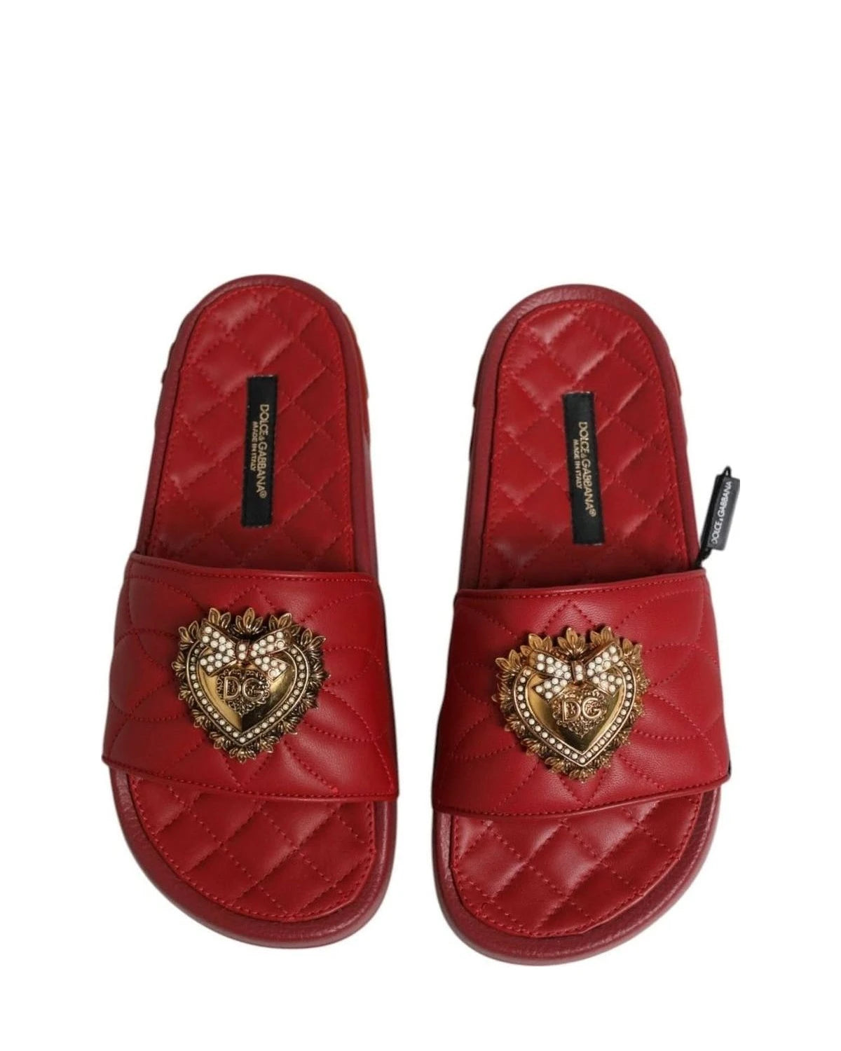 Dolce & Gabbana Red Leather Devotion Matelassé Slides Shoes Sandals