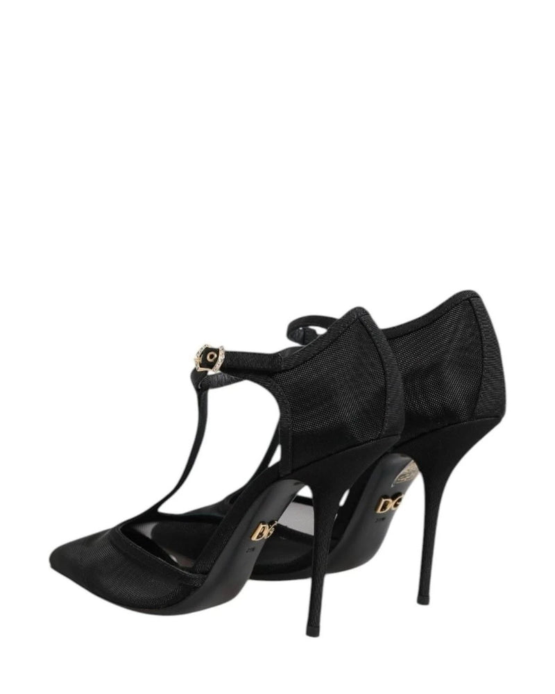 Dolce & Gabbana Black Mesh T Strap Stiletto High Heels Shoes Heels