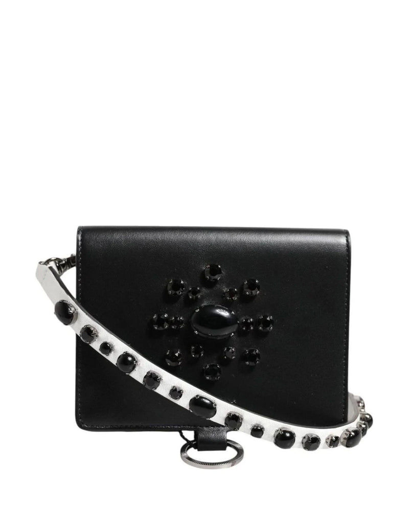 Dolce & Gabbana Black Leather Crystal Embellished Card Holder Wallet Card Cases