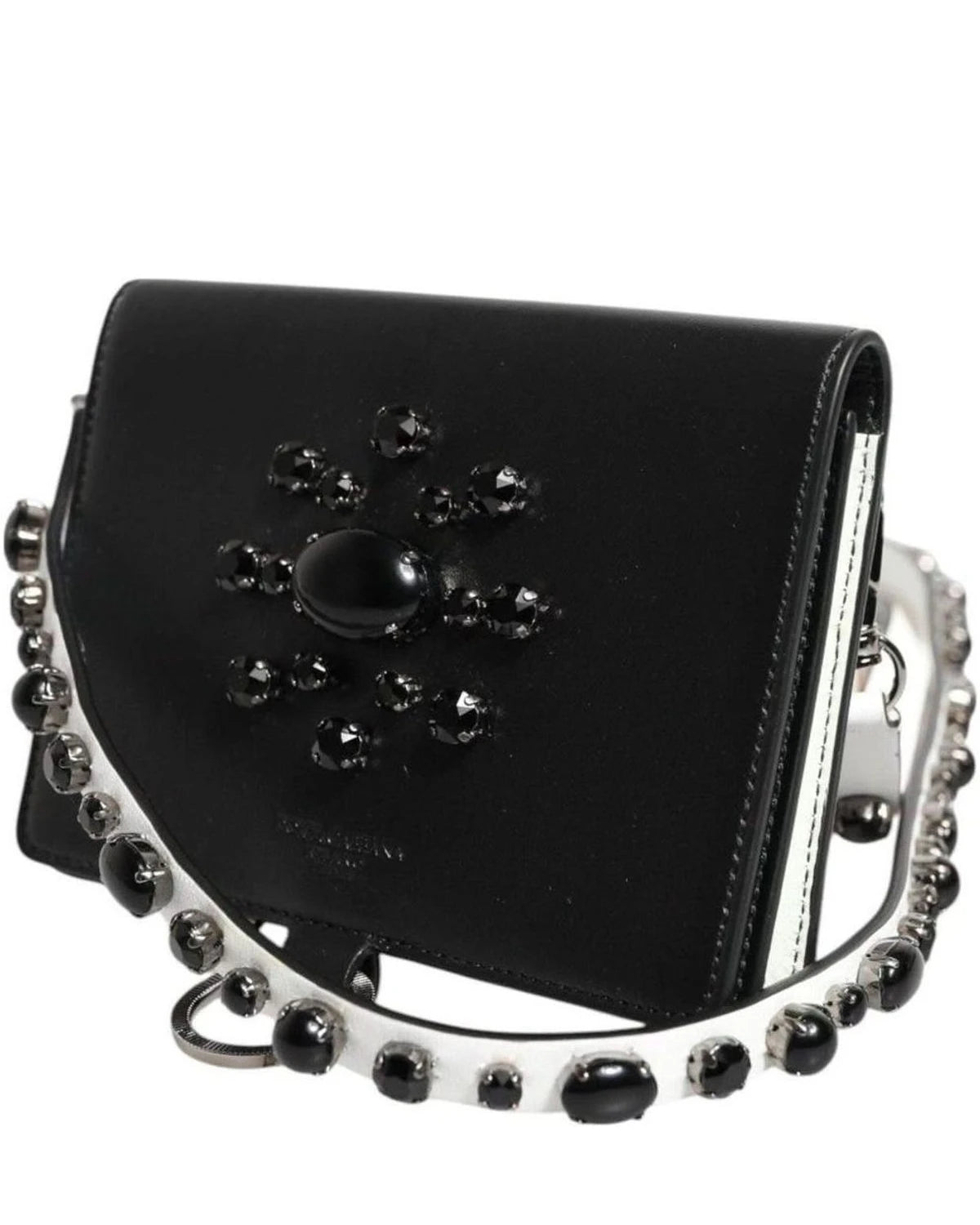 Dolce & Gabbana Black Leather Crystal Embellished Card Holder Wallet Card Cases