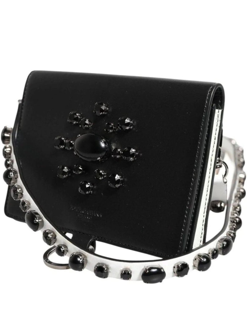 Dolce & Gabbana Black Leather Crystal Embellished Card Holder Wallet Card Cases