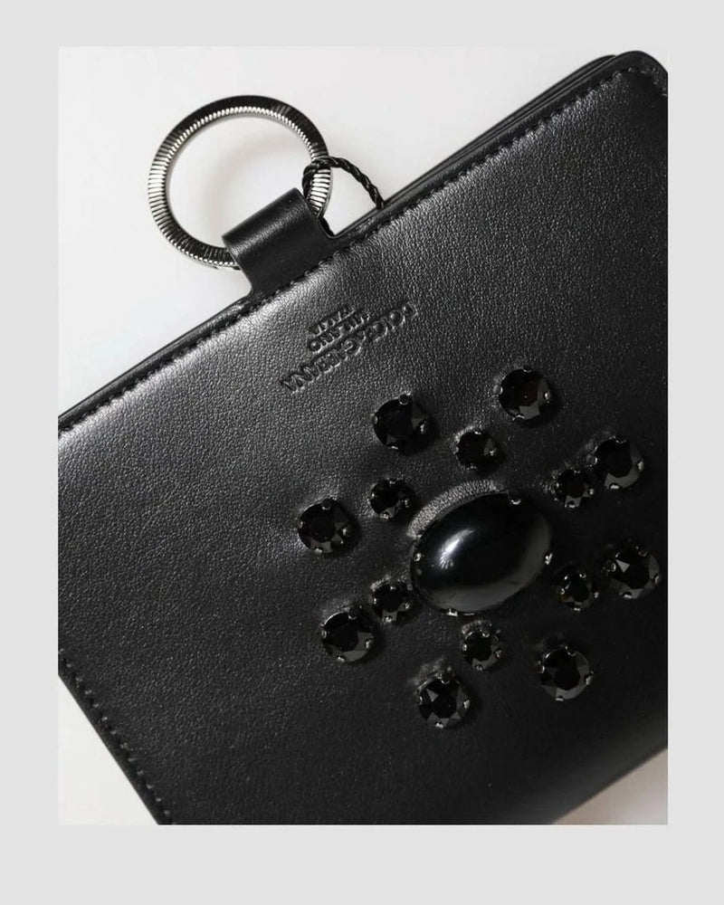 Dolce & Gabbana Black Leather Crystal Embellished Card Holder Wallet Card Cases