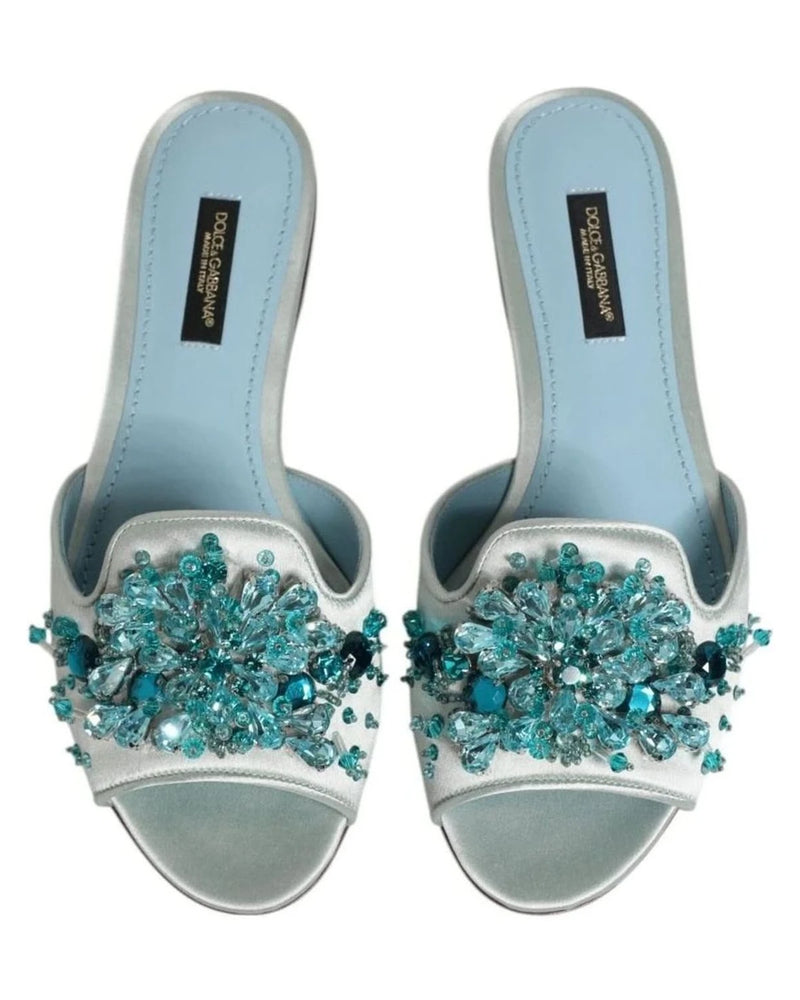 Dolce & Gabbana Blue Leather Bead Embellish Slide Shoes Sandals