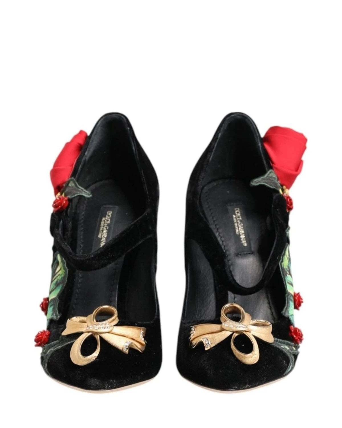Dolce & Gabbana Black Roses Crystal Brooch Mary Jane Shoes Heels