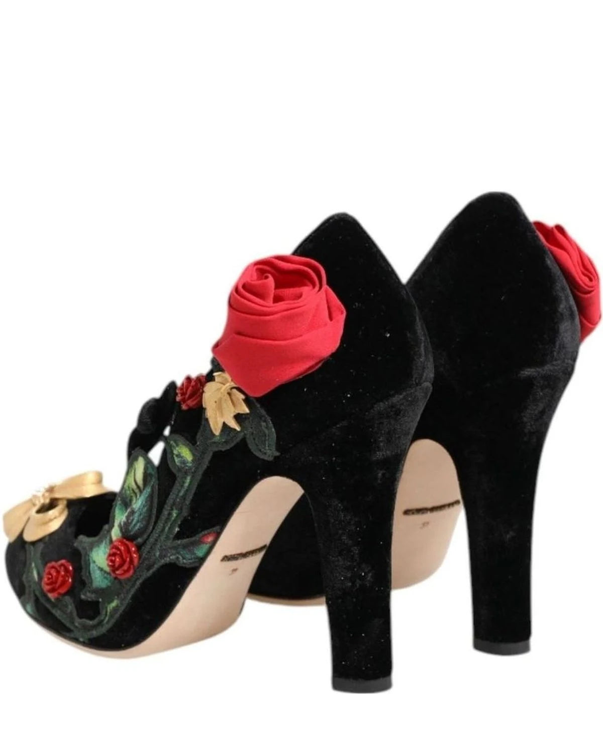 Dolce & Gabbana Black Roses Crystal Brooch Mary Jane Shoes Heels