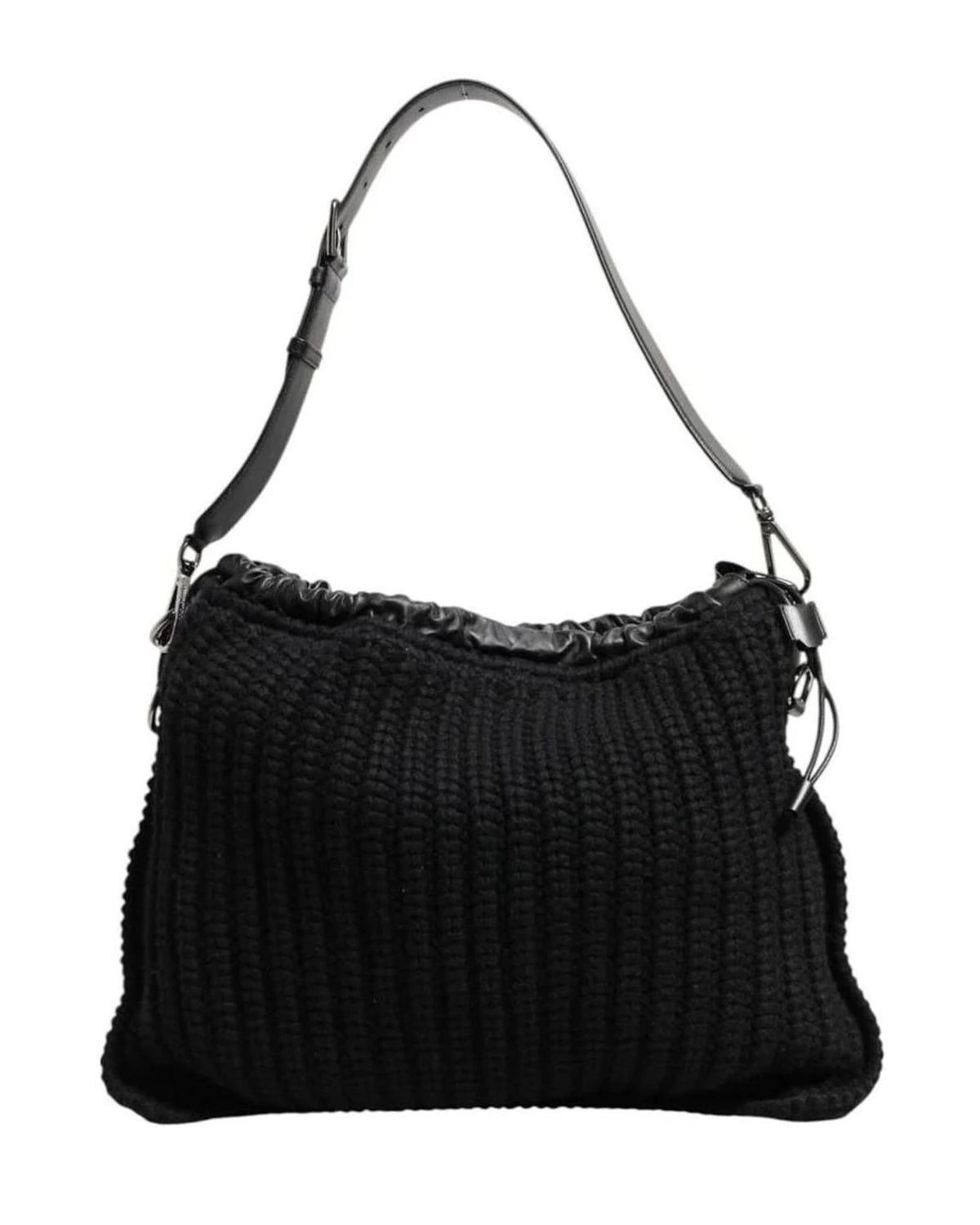 Dolce & Gabbana Black Leather Cashmere Knitted Shoulder Women Borse Bag Shoulder Bags