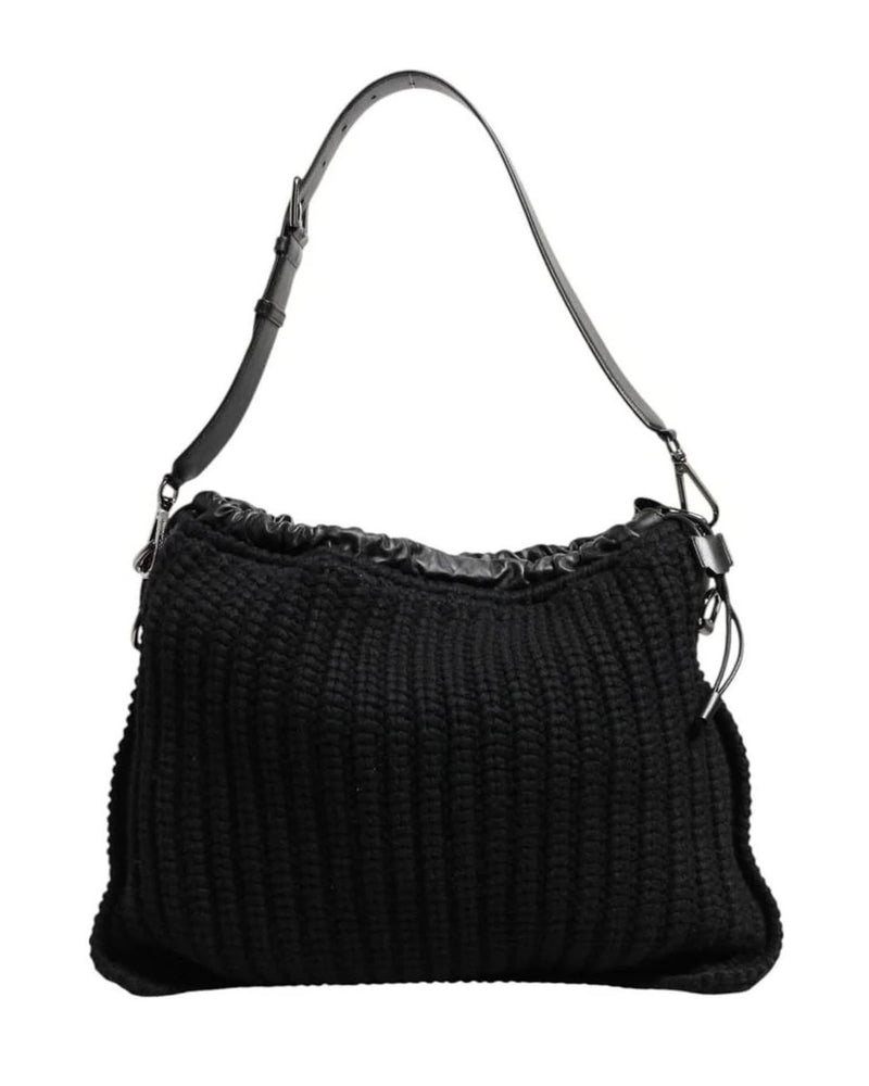 Dolce & Gabbana Black Leather Cashmere Knitted Shoulder Women Borse Bag Shoulder Bags