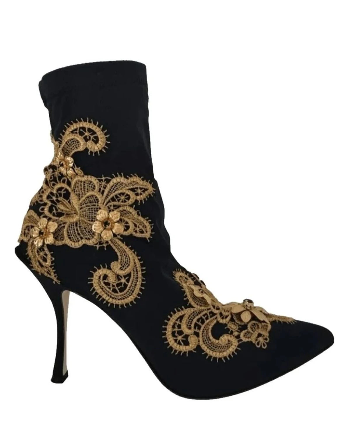 Dolce & Gabbana Black Gold Embroidery Crystal Boots Shoes