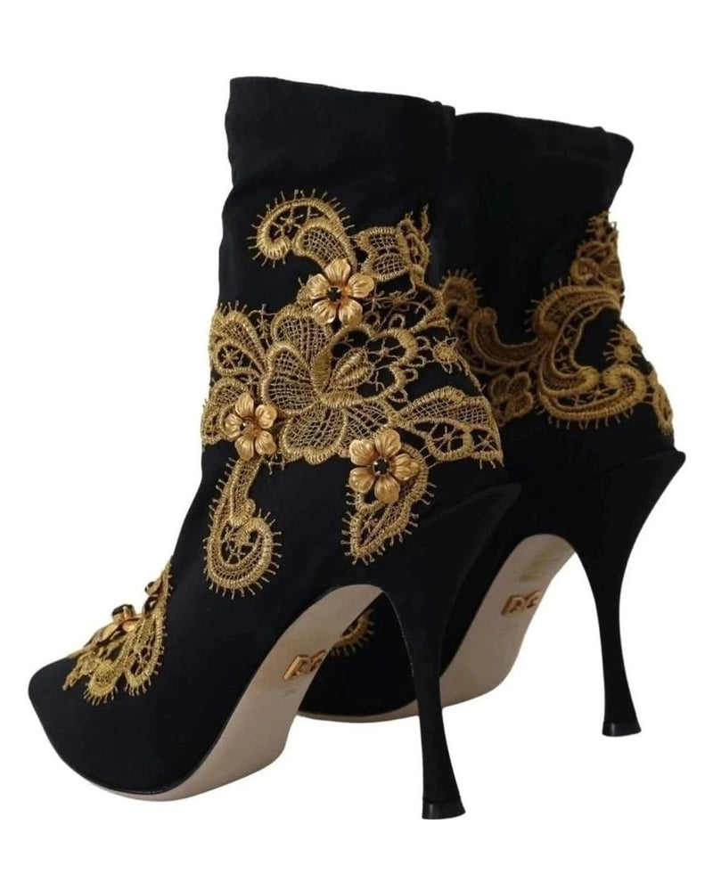 Dolce & Gabbana Black Gold Embroidery Crystal Boots Shoes Boots