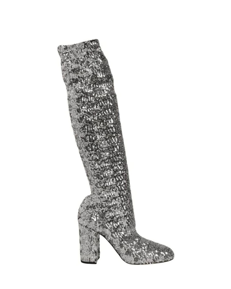 Dolce & Gabbana Silver Shoes Sequins Glitter High Heel Boot Boots