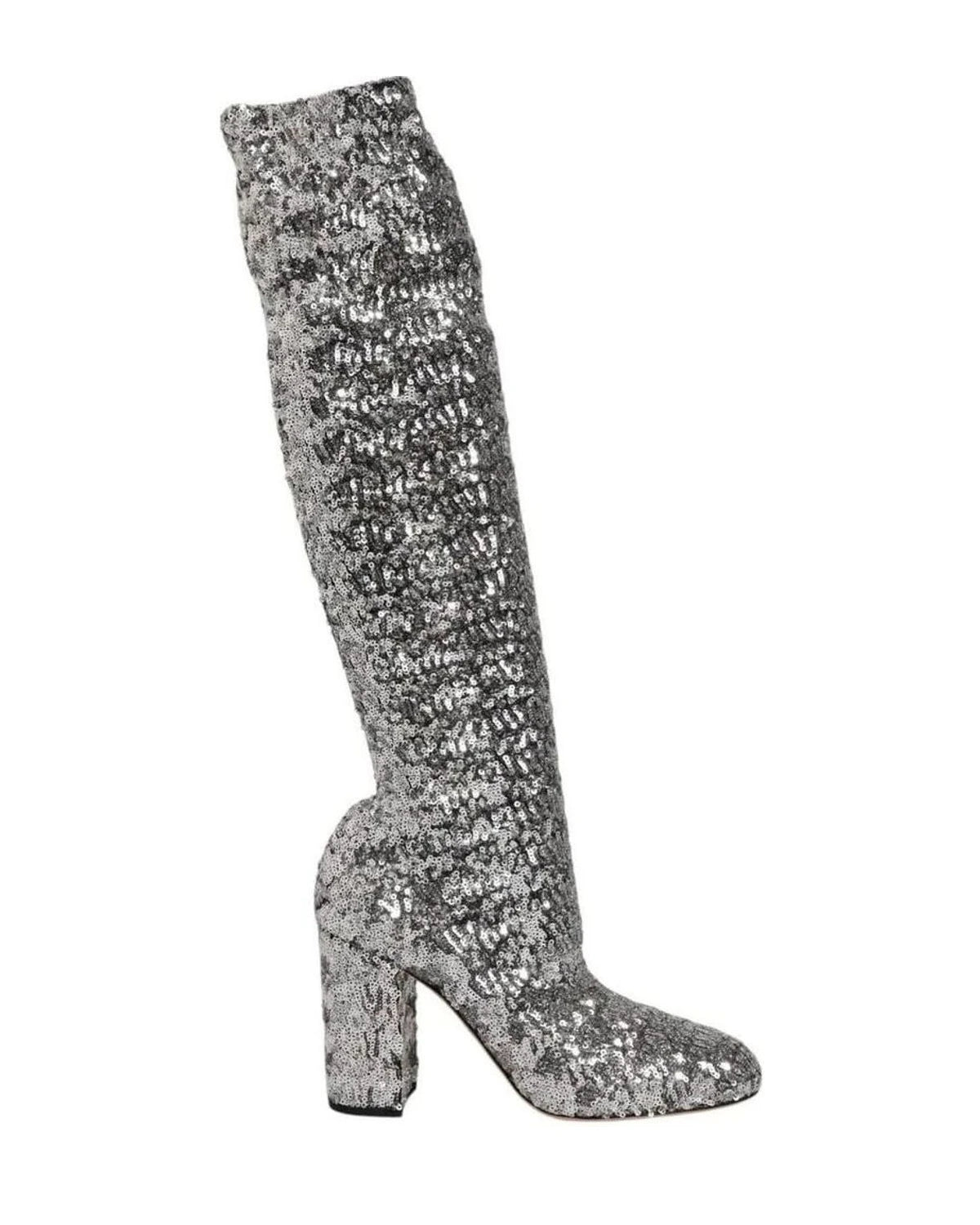 Dolce & Gabbana Silver Shoes Sequins Glitter High Heel Boot Boots