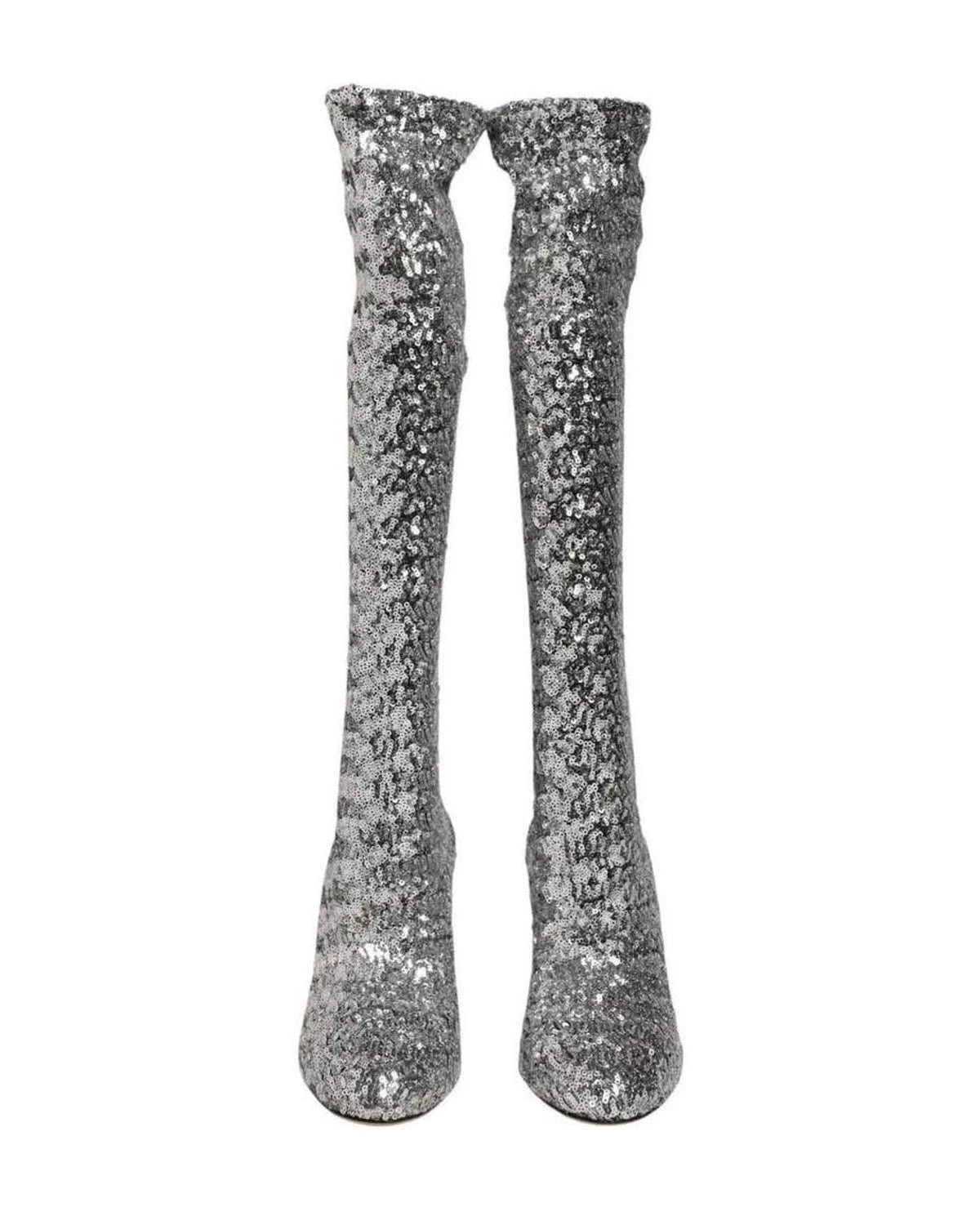 Dolce & Gabbana Silver Shoes Sequins Glitter High Heel Boot Boots