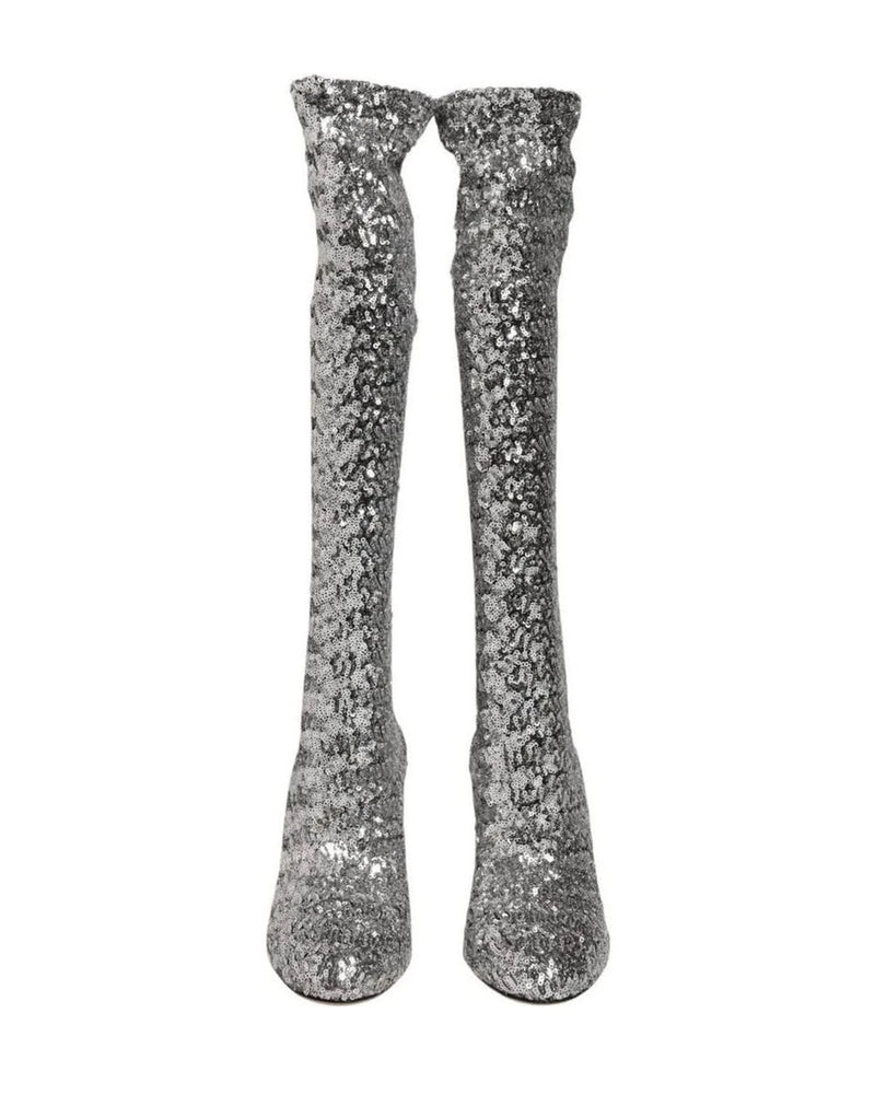 Dolce & Gabbana Silver Shoes Sequins Glitter High Heel Boot Boots